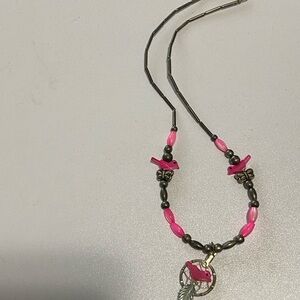 Pink and Silver Beaded Necklace with Butterfly Accents